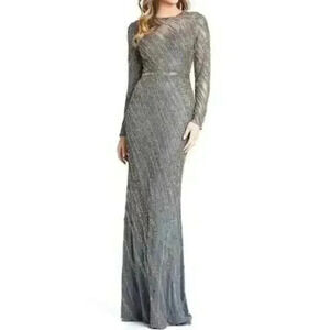 New Mac Duggal 5240 Beaded Illusion Neck Long Sleeve Maxi Gown - Size 10- Platin